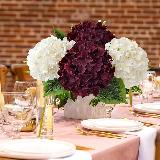 5Pcs Burgundy Silk Hydrangea Artificial Flowers, 20Inch Large Lifelike Flowers,Halloween Christmas Artificial Hydrangeas for Indoor Bouquet Table Centerpieces Floral Arrangements Home Wedding