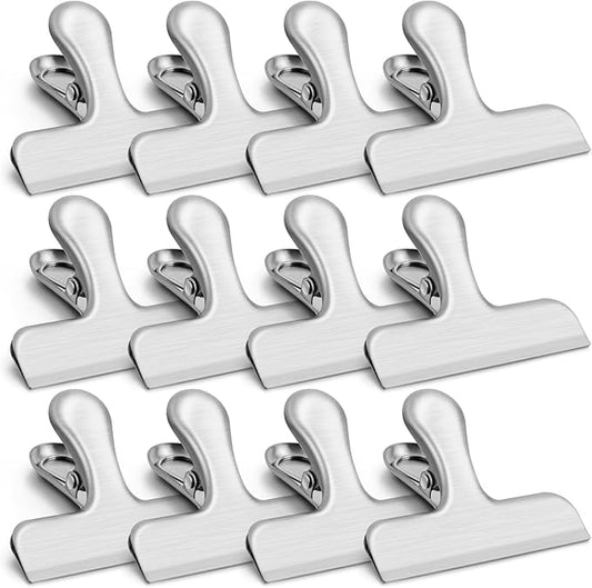 VNDUEEY 12 Pack Stainless Steel Chip Clips, Bag Clips for Food, Heavy Duty Snack Clip Metal Clip to Seal Coffee Bags, Ideal for Office and Kitchen Use, Binder Clip Large - 3 Inches, Silver