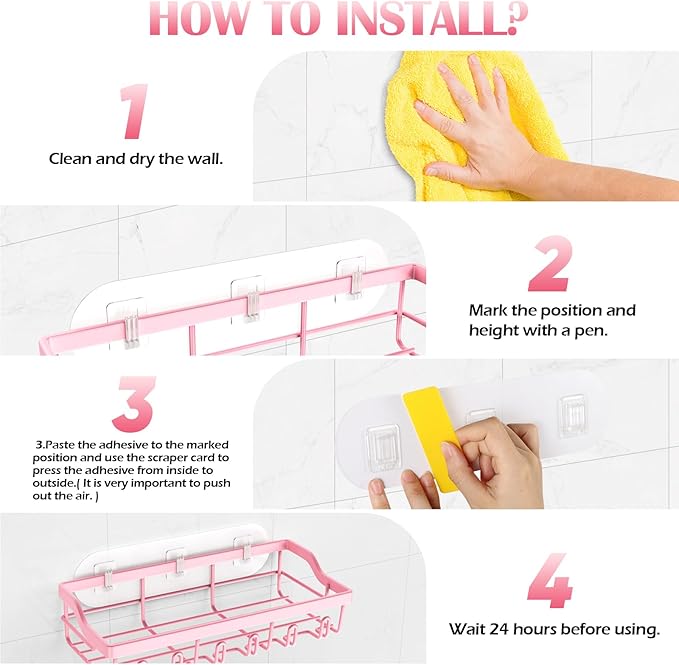 2 Pack Shower Caddy, Adhesive Shower Organizer for Bathroom Storage, Rustproof Stainless Steel Shower Shelves, No Drilling, Large Capacity Shower Rack Shelf for Inside Shower, Pink