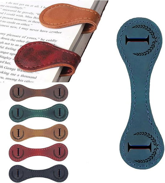 Personalized Magnetic Leather Bookmark, 26 Letters Custom Leather Bookmarks, Handmade, Leather Magnetic Bookmark for Book Lovers Readers Women Kid(Blue，I）