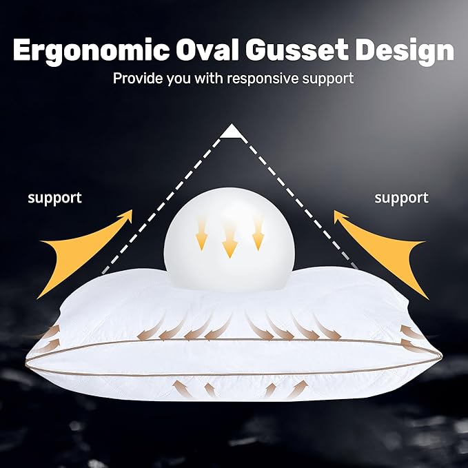 UNIKOME Goose Feather and Down Pillows,Oval Gusseted Feather Down Pillow for Sleeping, 100% Cotton Pillow Cover, Queen Size, Set of 2