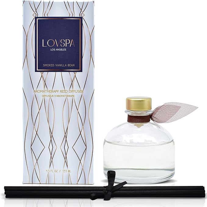 LOVSPA Smoked Vanilla Bean Reed Diffuser Refill, 4 oz, Bundle with Smoked Vanilla Bean Reed Diffuser Set - Made with Essential Oils in The USA