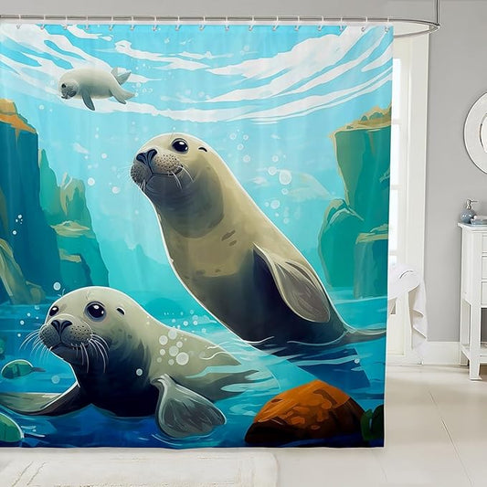 Feelyou Manatee Fabric Shower Curtain for Kids Boys Girls Cute Manatee Bathroom Waterproof Accessories with 12 Hooks Ocean Animal Shower Curtain Ocean Theme Curtains,72x72 Inches