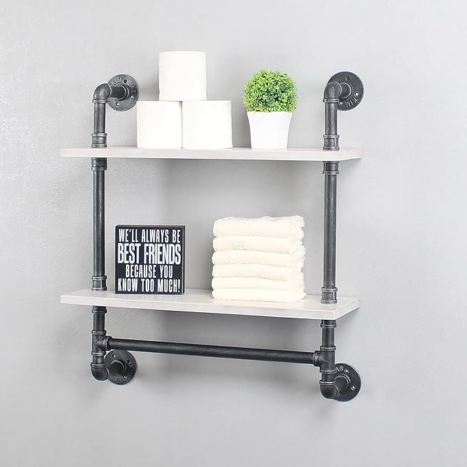 Iron Pipe Shelves, 2 Tier Industrial Bathroom Shelves with Towel Bar, Rustic Metal Pipe Wall Shelf, 24in - Retro White