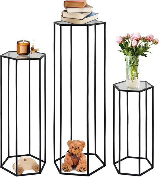 3PCS Hexagon Black Plant Stand Flower Stand for Party, Tall Metal Pedestal Stands for Display Decoration, Cake, Birthday, Wedding, Baby or Bridal Shower, Cylinder Column for Desserts