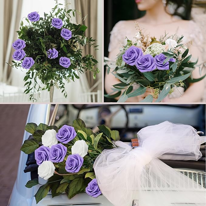 50PCS Artificial Flowers Purple Roses Real Looking Foam Fake Roses with Leaves and for DIY Wedding Bouquets Bridal Shower Centerpieces Party Decorations (Purple, 50)