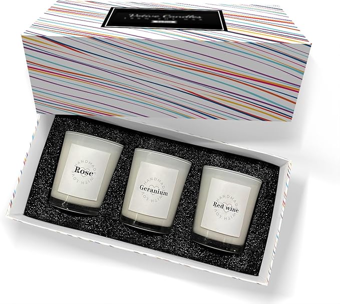 Candles for Home Scented, 3 Pack White Glass Jar Candles, Roses, Red Wine, Geranium Candles, Aromatherapy Candle Set for Stress Relief or Best Gift