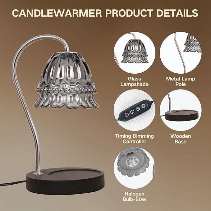 Candle Warmer Lamp with Timer Electric Candle Warmer Lamp Adjustable Height Candle Warmer Dimmable Wax Warmer Lamp Jar Candles with 2 Bulbs for Home Decor & Office