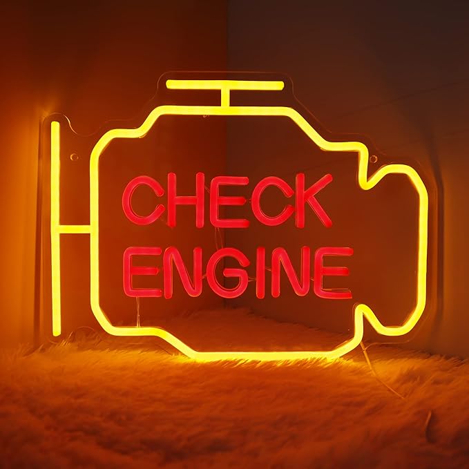 Check Engine Neon Signs for Wall Decor, Personalized LED Neon Garage Signs Car Check Neon Lights Sign, Garage Accessories Light Up Signs for Man Cave Auto Room Repair Shop Workshop Gaming Room Party