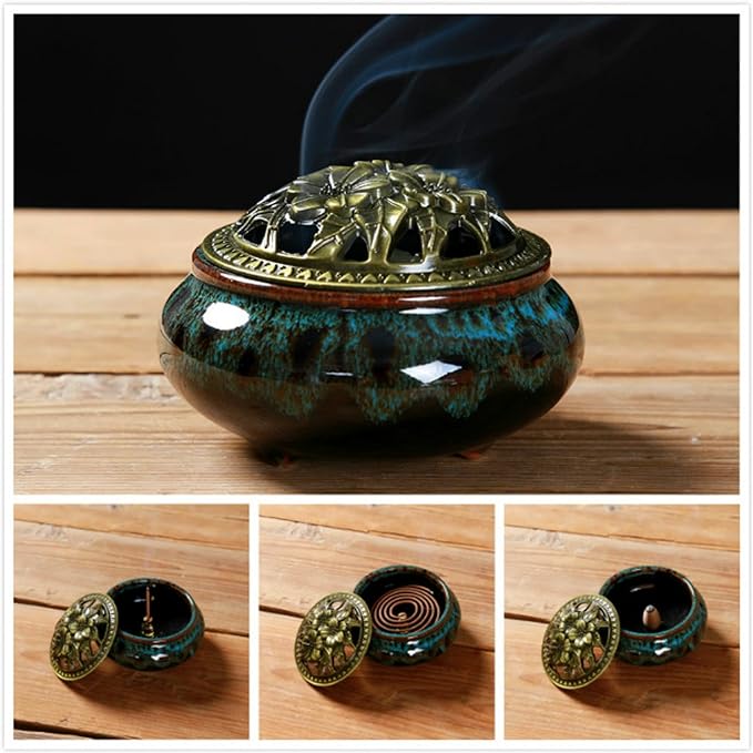 Ceramic Incense Burner with Incense Stick Holder + Insulation use for Stick or Coil Incense, Sage Cones and Frankincense (Fambe Blue)