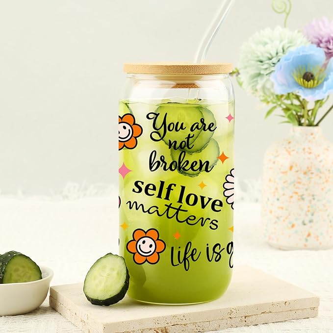 Self Love Matters, Mental Health Sublimation Glass Tumbler, 16oz Glass Can Cup with Positive Quotes and Smiley Flowers, Gift for Her Best Friend Tumbler, Self Care Gift, Lid and Straw