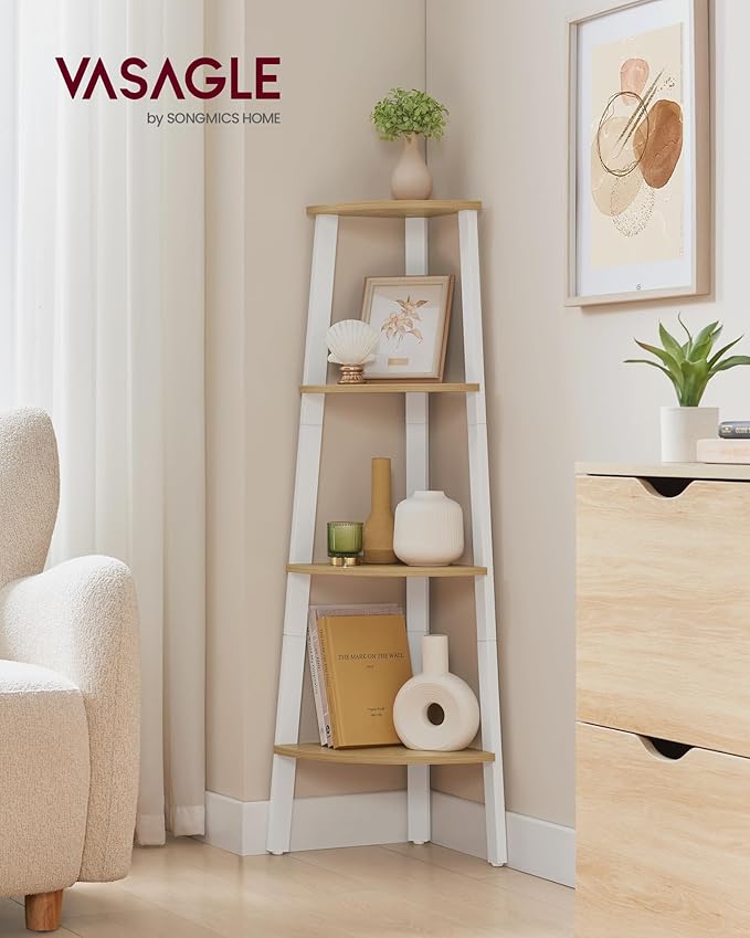 VASAGLE Corner Shelf Stand, 4-Tier Corner Bookshelf, Industrial Ladder Shelf, Plant Stand for Living Room, Office, Kitchen, Natural Oak and Matte White ULLS034Y70