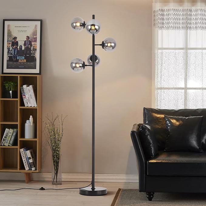 KCO Lighting Smoked Glass Modern Globe Farmhouse Black Standing Multi-Head Floor Lamps for Living Room, Bedrooms, Office
