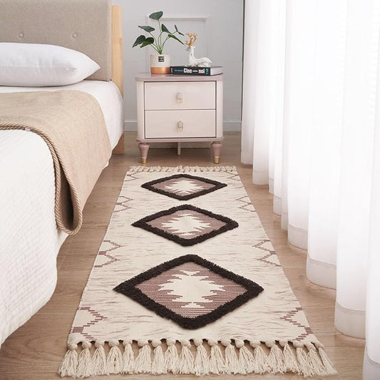 Boho Runner Rug 2'x4.3', Washable Hallway Rug Runner Non Slip Rubber Backed, Kitchen Farmhouse Area Rug Floor Mat with Tassels, Tufted Woven Cotton Entryway Carpet, Brown