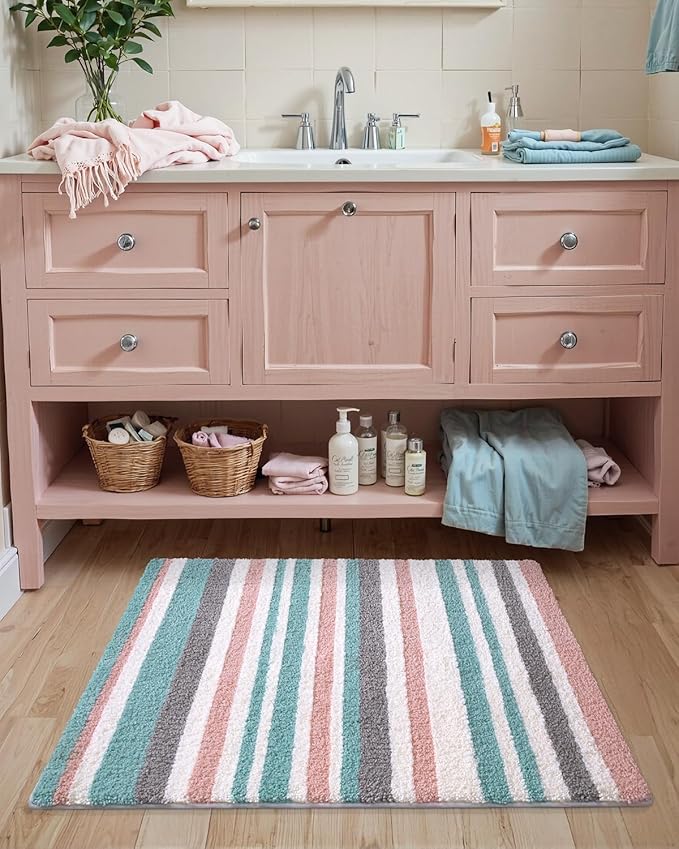 LUMI Striped Bath Rugs, Extra Soft and Absorbent Microfiber Bath Mat, Machine Wash Non-Slip for Bathtub or Bathroom Floor, 24"x43", Pink