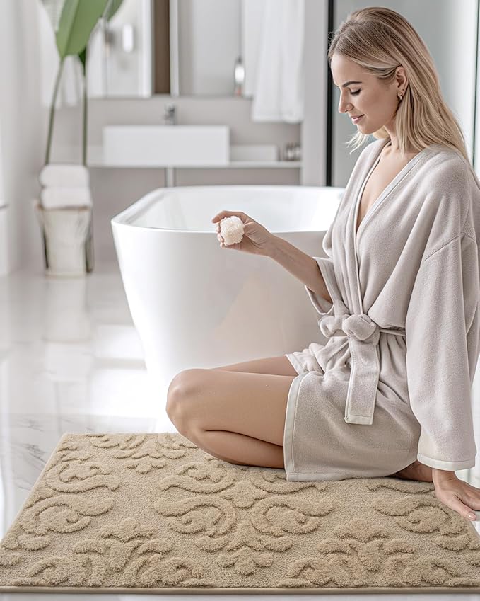 DEXI Bathroom Rug 24x36, Non Slip Washable Bath Mat for Shower Floor, Absorbent Soft Bathmat with Rubber Backing, Plush Fluffy Microfiber Floral Retro Carpet, Beige