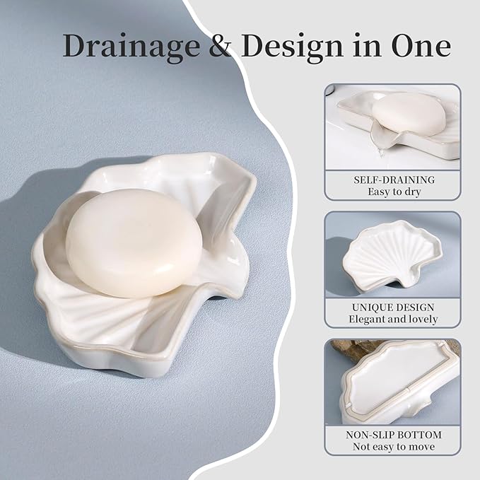 Soap Dish, Bar Soap Holder Self Draining Shell Shape Soap Dishes, White Ceramic Drain Soap Holder for Sink Bathroom Shower Kitchen, Easy to Clean Keeps Soap Dry, ANTIS'S HOME