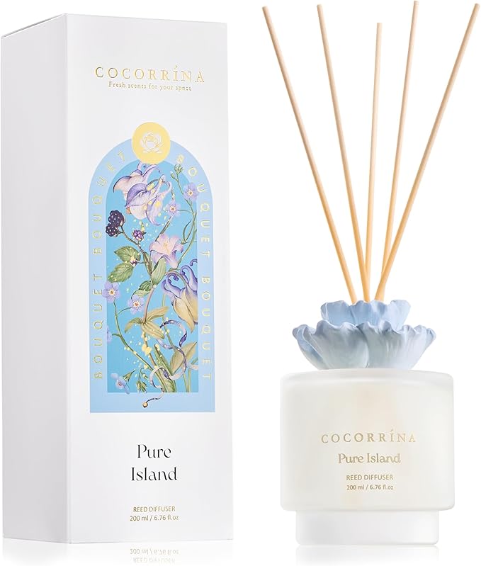 Cocorrina Gypsum Flower Reed Diffuser Set for Bathroom Décor – Pure Island Scent, 6.76 oz with Sticks & Oil – Home Fragrance for Bathroom & Living Space