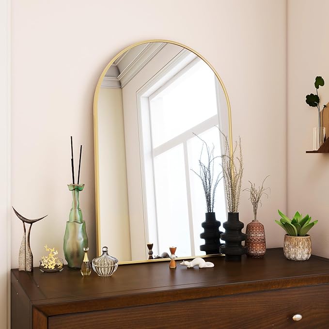 BEAUTYPEAK 16"x24" Arch Bathroom Mirror, Wall Mounted Vanity Metal Frame Mirror for Bedroom, Entryway, Living Room, Gold