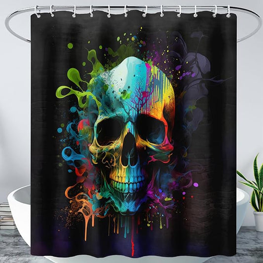 AILONEN Sugar Skull Shower Curtain for Bathroom,Watercolor Skull Bath Curtain Decoration,Minimalism Tie Dye Skeleton Print Waterproof Black Curtain with 12 Plastic Hooks, 72" W*84" H