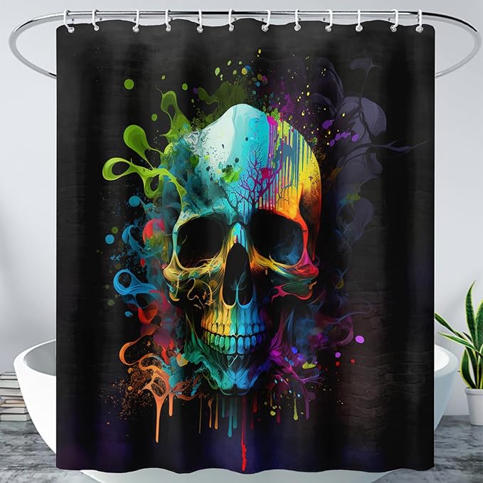 AILONEN Sugar Skull Shower Curtain for Bathroom,Watercolor Skull Bath Curtain Decoration,Minimalism Tie Dye Skeleton Print Waterproof Black Curtain with 12 Plastic Hooks, 72" W*78" H