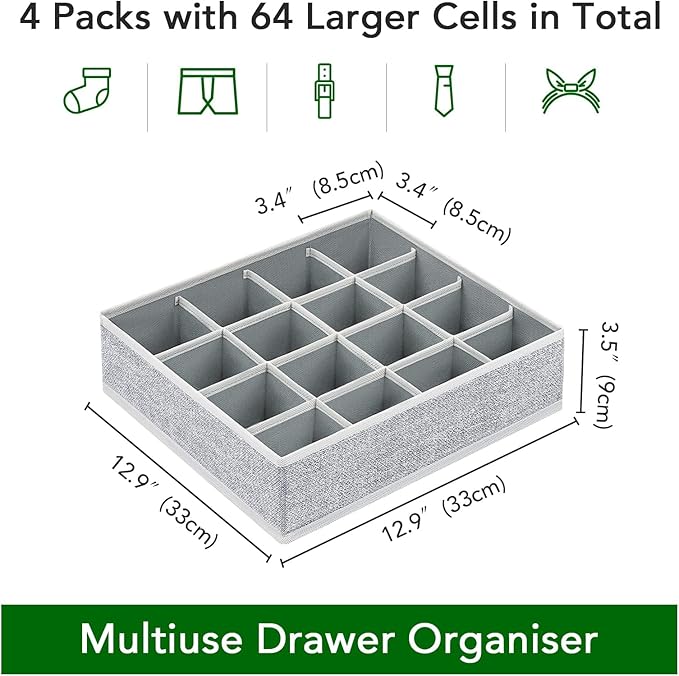 Joyoldelf Sock Drawer Organizer Divider Underwear Organizer 16-cell Fabric Dresser Drawer Organizers Storage Boxes for Socks Lingerie, Handkerchiefs, Ties 4 Pack (Blended-Grey)