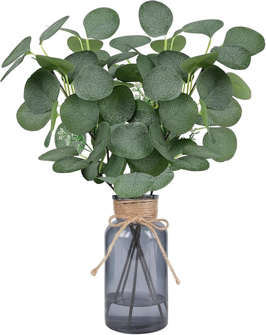 Artificial Eucalyptus Stems in Black Glass Vase 14" 6Pcs Faux Eucalyptus Branches Home Table Decor Fake Plants Stems for Farmhouse Kitchen Bathroom Decorations