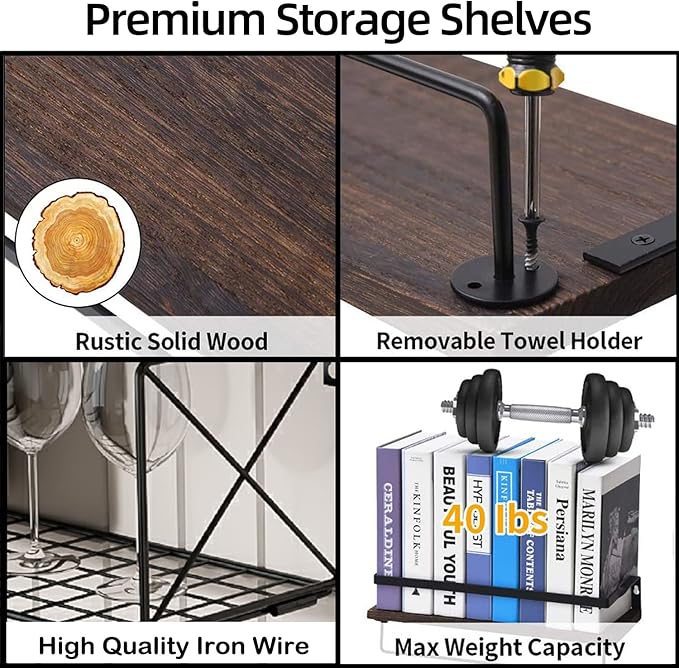 Floating Shelves Wall Mounted, Rustic Wood Bathroom Shelves Over Toilet with Paper Storage Basket, Wall Shelves for Wall Decor, Bedroom, Living Room, Kitchen and Washroom