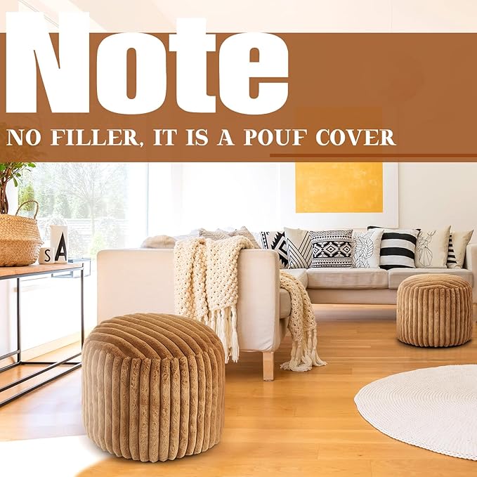 2 Pcs 20 x 15 Inch Unstuffed Pouf Cover Ottoman Foot Rest - No Filler, Faux Rabbit Fur Foot Stool Floor Bean Bag Floor Chair Storage for Living Room Bedroom Home Decor(Brown)