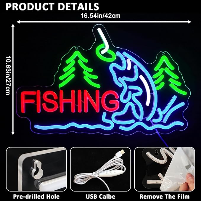 Fishing Neon Sign for Wall Decor, Fish Led Signs for Room, USB Dimmable Neon Lights for Fishing Gear Store Man Cave Bedroom Living Room Game Room Man Cave Party Business Yacht Sign
