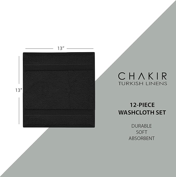 Chakir Turkish Linens |Hotel & Spa Quality 100% Cotton Premium Turkish Towels | Soft & Absorbent (12-Piece Washcloths, Black)