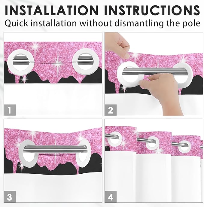 Pink Lips No Hook Shower Curtain with Snap in Liner, Diamond Glitter Get Naked Black Bath Curtain with Double Layers Waterproof Fabric and Mesh Top Window 71x74 Inch