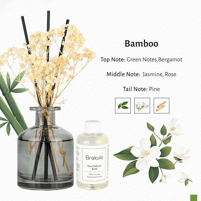 Brakula Reed Diffuser Set, 6.09 fl oz (180 ml)- Bamboo with 8 Reed Sticks, Home Fragrance Reed Diffuser for Bathroom Shelf Decor