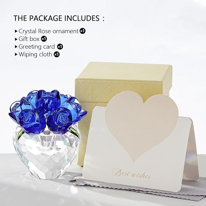 Crystal Flower Figurines - Glass Rose Home Decor - Flower Bouquet for Ladies Gifts(Blue)
