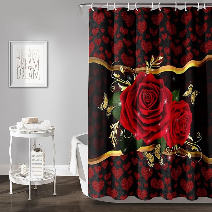 AILONEN Red Rose Shower Curtain for Bathroom, Romantic Flower Rose 3D Printed Valentine Wedding Bathroom Decor Hearts Curtain,72" W*72" H Polyester Waterproof Bath Curtain with 12 Hooks