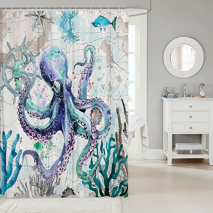 Feelyou Octopus Fabric Shower Curtain Ocean Kraken Shower Curtain for Kids Boys Girls Octopus Tentacles Bathroom Waterproof Accessories with 12 Hooks Nautical Curtains,72x84 Inches