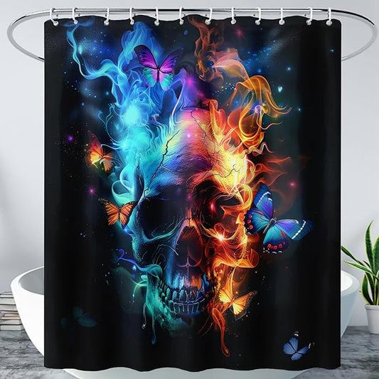 AILONEN Sugar Skull Shower Curtain for Bathroom,Blue and Red Smoky Skull Bath Curtain Decoration,Starry Butterfly Skull Skeleton Print Waterproof Shower Curtain with 12 Plastic Hooks, 72" W*84" H