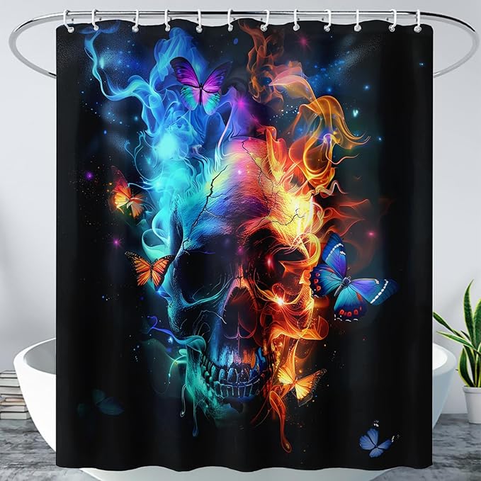 AILONEN Sugar Skull Shower Curtain for Bathroom,Blue and Red Smoky Skull Bath Curtain Decoration,Starry Butterfly Skull Skeleton Print Waterproof Shower Curtain with 12 Plastic Hooks, 60" W*72" H