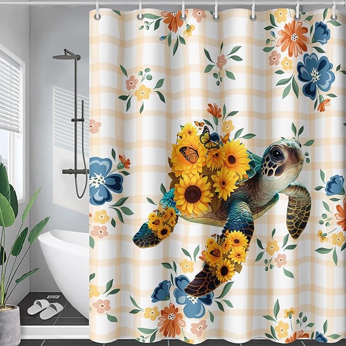 AILONEN Sea Turtle Shower Curtain for Bathroom, Sunflower Turtle Bathroom Curtain,Ocean Turtle Floral Grid Bath Curtain 72" W*96" H Polyester Waterproof Bathroom Curtain with 12 Hooks