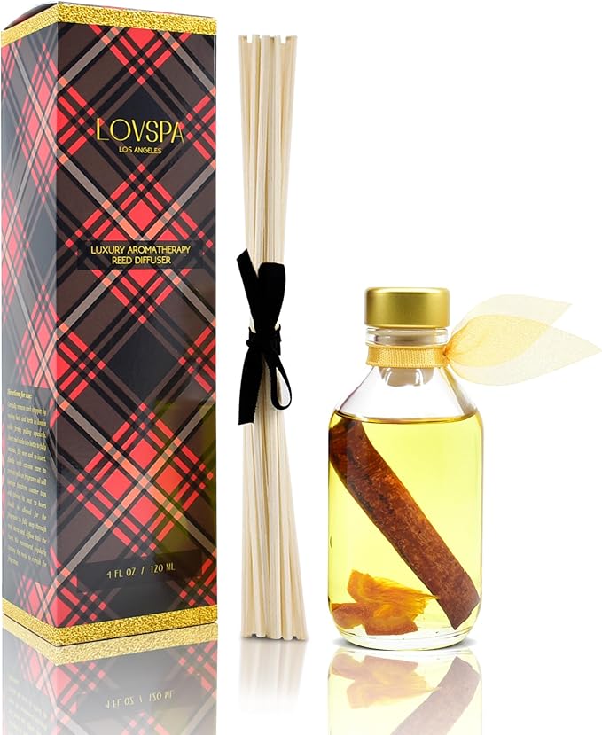 LOVSPA Holiday Spiced Cinnamon & Orange Scented Sticks Reed Diffuser with Mandarin Orange, Cloves and Cinnamon, Continuous Scent Air Freshener, Made in The USA