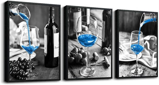 TTHYUEWS Black Framed Wall Art For Kitchen Modern Wall Decor For Dining Room Black And White Wall Paintings Blue Wine Glasses Pictures Prints Artwork Ready To Hang For Restaurant Home Decor 3 Piece