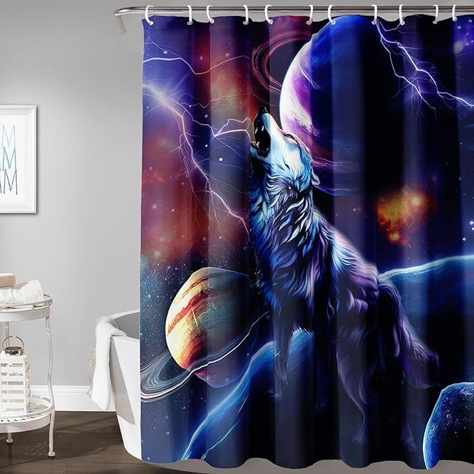 AILONEN Howling Wolf Shower Curtain,Lightning Planet Wolf Bath Curtain for Kids Boys Girls,Wildlife Animal Polyester Waterproof for Shower with 12 Plastic Hooks 72" W*84" H