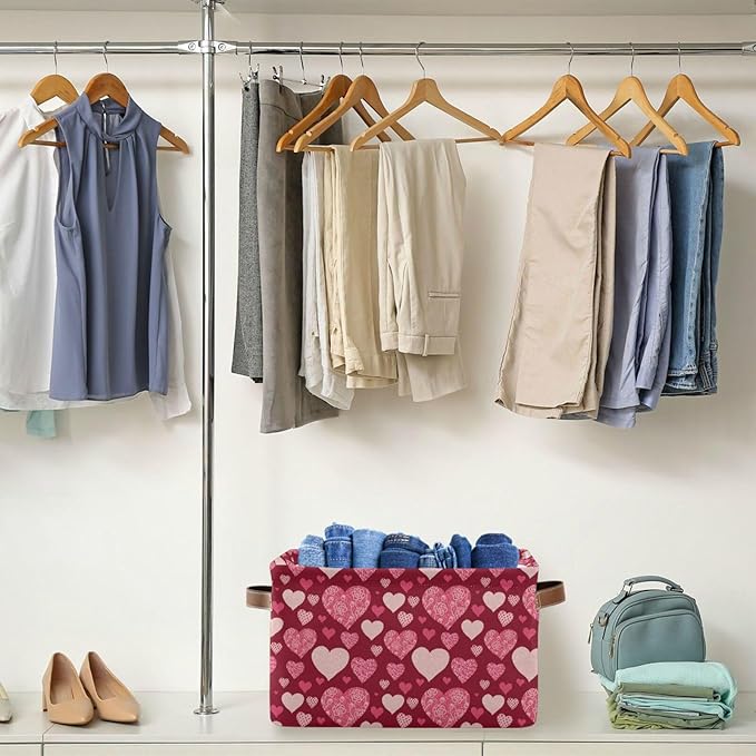 Happy Valentine's Day Storage Basket Fabric Kitchen Baskets Valentines Pink Purple Love Heart Open Home Storage Bins Boxes Foldable Organizer Bag Cloth Toy Book Shelf Closet Baskets 16×12×8 Inches