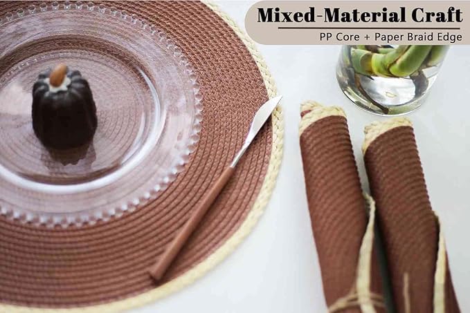 Noctiflorous Round Braided Placemats Set of 6 Table Mats 15 Inches Washable Heat Resistant for Dining Table Non-Slip Indoor Outdoor Place Mats for Easter(01 Chestnut Brown 6)
