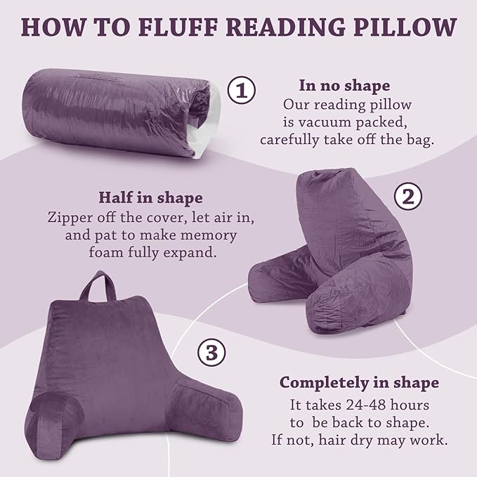 LOVTEX Reading Pillow with Removable Cover, Back Pillow for Sitting Up in Bed with Arms and Pockets, Bed Rest Pillow Adult, 20 x 15 Inches(Lavender)