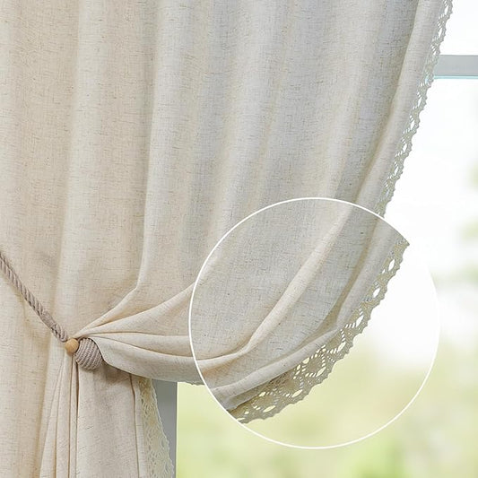 jinchan Linen & Polyester Blend Beige Curtains 84 Inch Length 2 Panels Curtains with Lace Trim for Living Room Rustic Farmhouse Curtain Rod Pocket Back Tab Light Bedroom Window Curtain Set