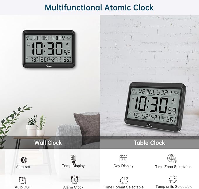 WallarGe Atomic Clock with Indoor Outdoor Temperature, Self-Setting Digital Wall Clock Battery Operated, 4 Time Zones, DST