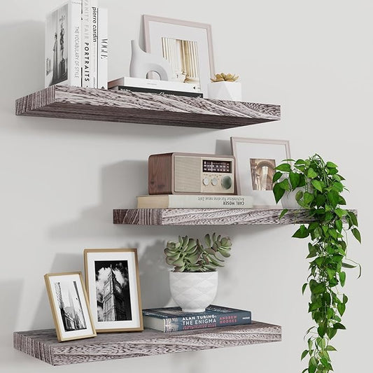 Marsmiles Wood Floating Shelves for Wall Set of 3, 17 Inch Wide Rustic Wooden Floating Shelves, Invisible Wall Mounted Display for Living Room Bedroom Kitchen Bathroom Office, Weathered