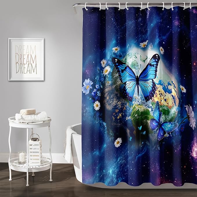AILONEN Blue Butterfly Shower Curtain 36" W*72" H,Mystic Galaxy Earth Starry Bathroom Decor,Modern Floral Butterfly Bath Curtain Polyester Waterproof Bathroom Curtain with 12 Hooks