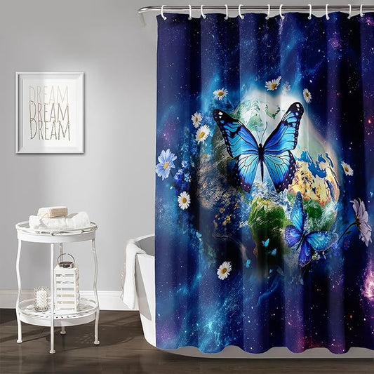AILONEN Blue Butterfly Shower Curtain 36" W*72" H,Mystic Galaxy Earth Starry Bathroom Decor,Modern Floral Butterfly Bath Curtain Polyester Waterproof Bathroom Curtain with 12 Hooks